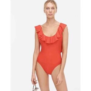 NWT J.Crew Ruffle Scoop Back One Piece Swimsuit SZ 2 Red Beach Resort